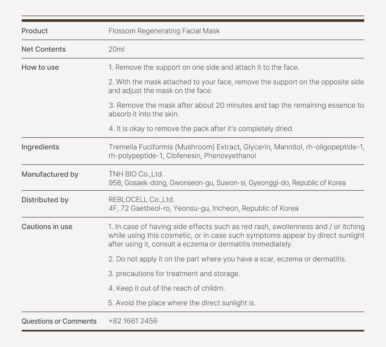 [Reblocell] Flossom Regenerating Facial Mask EGF 1ppm 1 Sheet